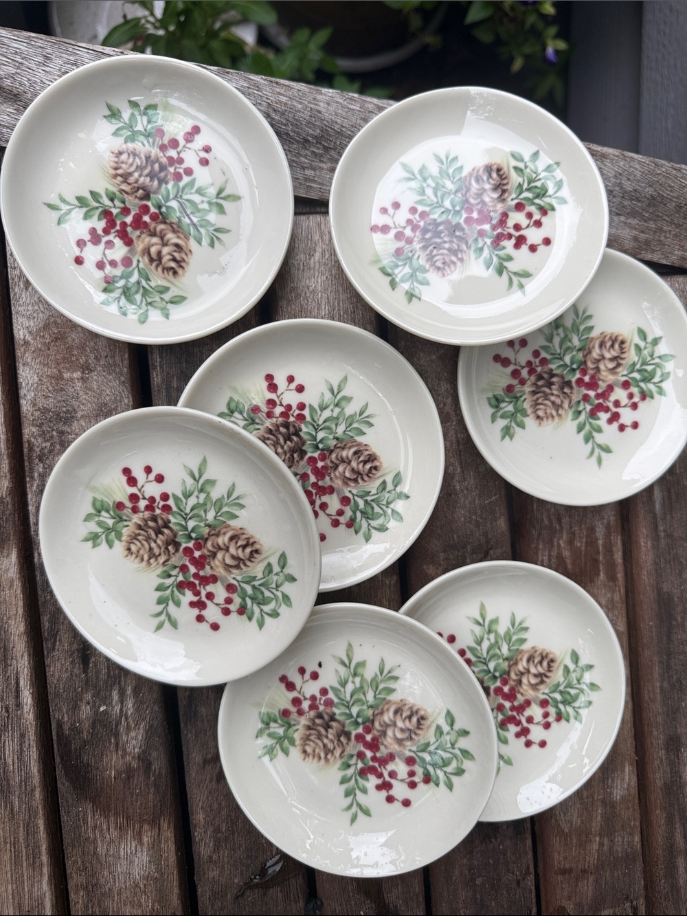 Lenox Pinecone & Berry Dessert Plates - White, Green & Red (7)